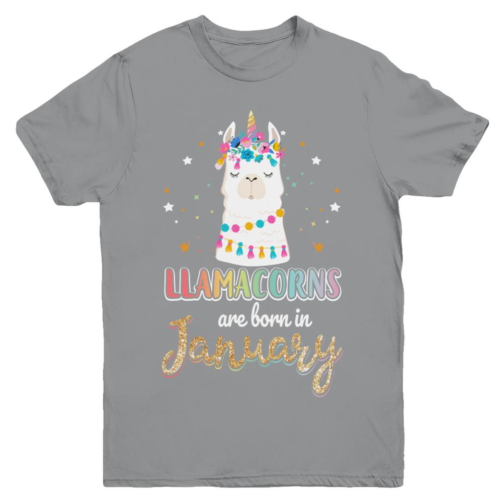 Llama Unicorn Llamacorns Born In January Birthday Gift Youth-Youth Shirt-Youth T-Shirt-Sport Grey