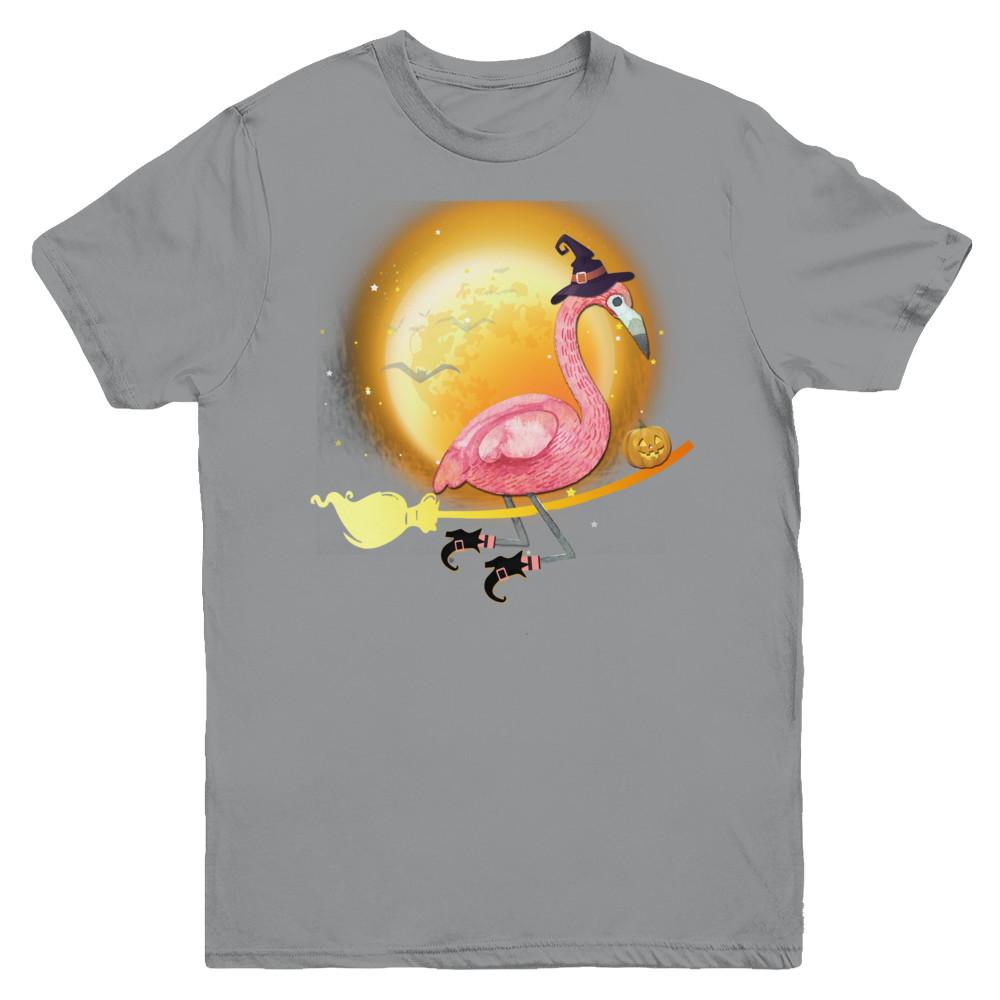 Funny Halloween Flamingo Witch Broom Scary Youth-Youth Shirt-Youth T-Shirt-Sport Grey