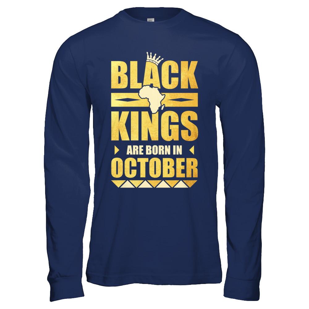 Black Kings Are Born In October Birthday-T-Shirt & Hoodie-Long Sleeve T-Shirt-Navy