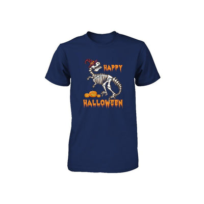 Funny Happy Halloween T-Rex Skeleton Dinosaur Youth-Youth Shirt-Youth T-Shirt-Navy