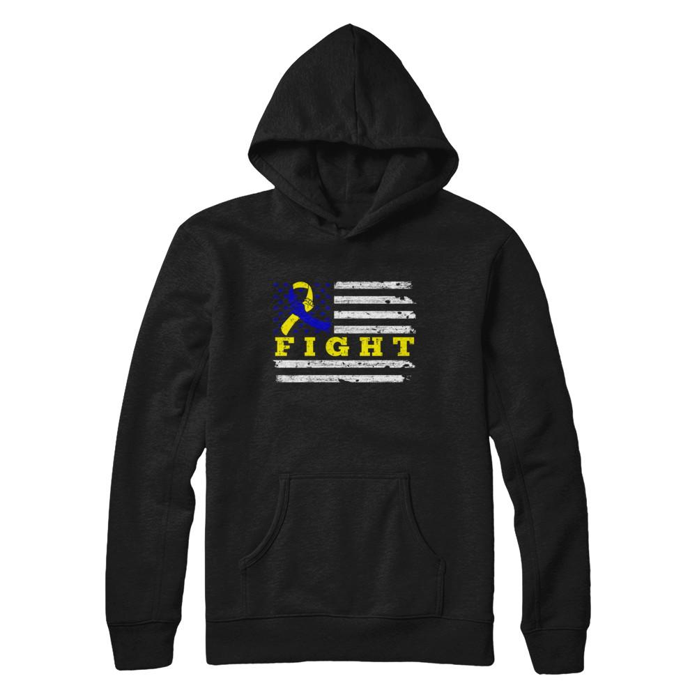Fight Blue Yellow Ribbon US Flag Down Syndrome Awareness-T-Shirt & Hoodie-Pullover Hoodie-Black