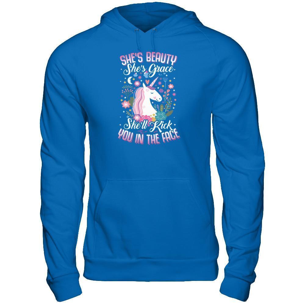 She's Beauty She's Grace She'll Kick You In The Face Unicorn Lover-T-Shirt & Tank Top-Pullover Hoodie-Royal