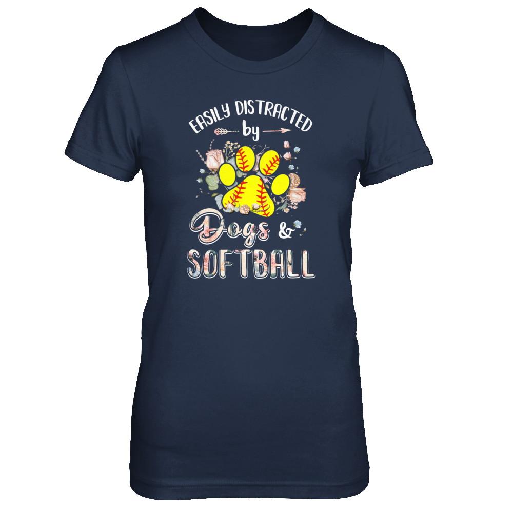 Easily Distracted By Dogs And Softball-T-Shirt & Tank Top-Women's T-Shirt-Navy