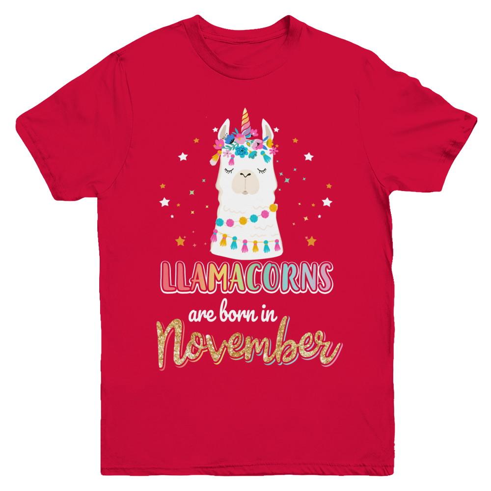 Llama Unicorn Llamacorns Born In November Birthday Gift Youth-Youth Shirt-Youth T-Shirt-Red