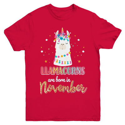 Llama Unicorn Llamacorns Born In November Birthday Gift Youth-Youth Shirt-Youth T-Shirt-Red
