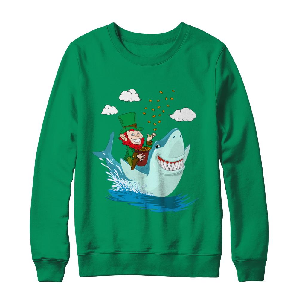 St Patricks Day Leprechaun Riding Shark-T-Shirt & Hoodie-Crewneck Sweatshirt-Irish Green