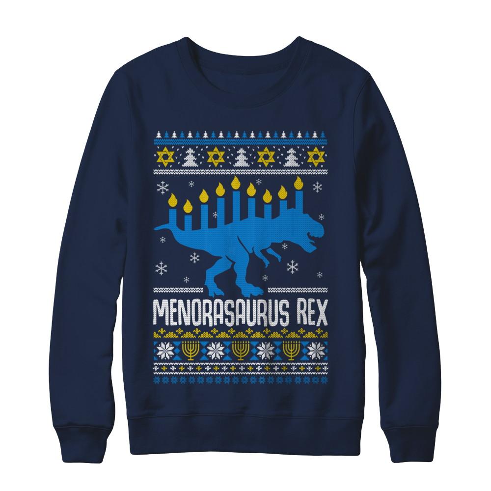 Funny Ugly Hanukkah Dinosaur T-Rex Menorasaurus Sweater-T-Shirt & Sweatshirt-Crewneck Sweatshirt-Navy