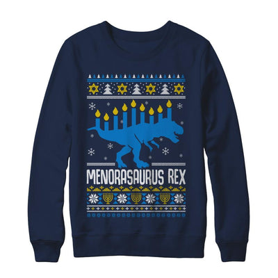 Funny Ugly Hanukkah Dinosaur T-Rex Menorasaurus Sweater-T-Shirt & Sweatshirt-Crewneck Sweatshirt-Navy