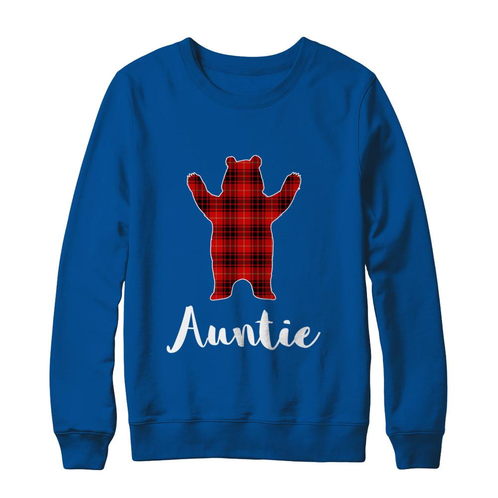 Red Auntie Bear Buffalo Plaid Family Christmas Pajamas-T-Shirt & Sweatshirt-Crewneck Sweatshirt-Deep Royal