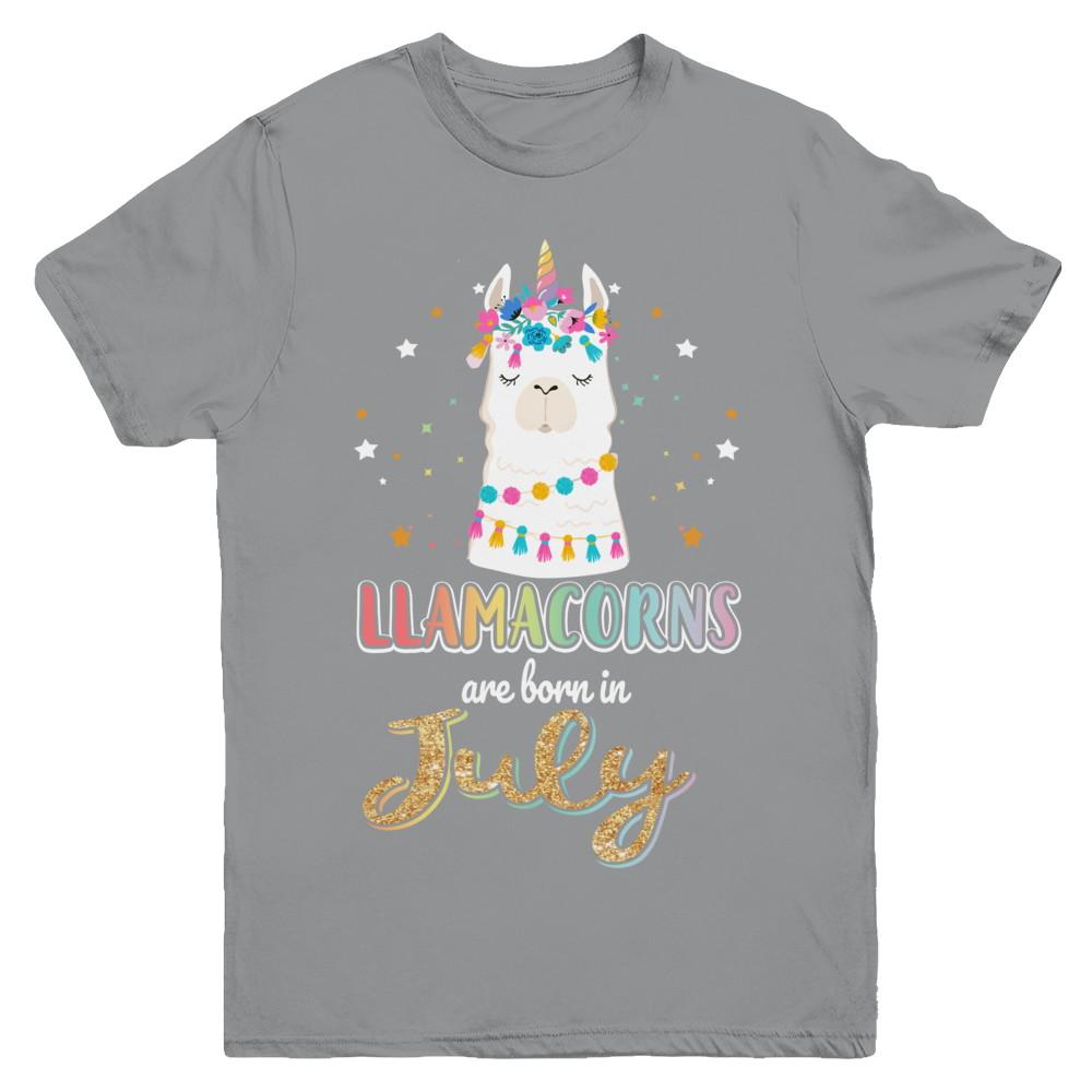 Llama Unicorn Llamacorns Born In July Birthday Gift Youth-Youth Shirt-Youth T-Shirt-Sport Grey