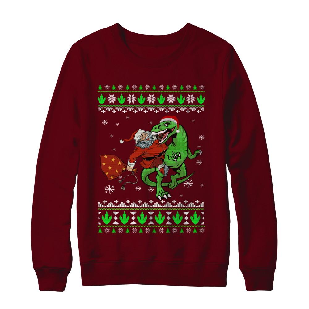 Santa Riding Dinosaur T-Rex Ugly Christmas Sweater-T-Shirt & Sweatshirt-Crewneck Sweatshirt-Maroon
