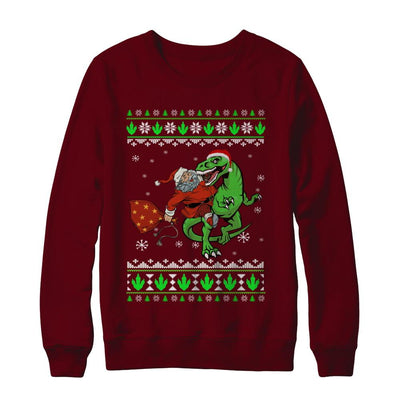 Santa Riding Dinosaur T-Rex Ugly Christmas Sweater-T-Shirt & Sweatshirt-Crewneck Sweatshirt-Maroon