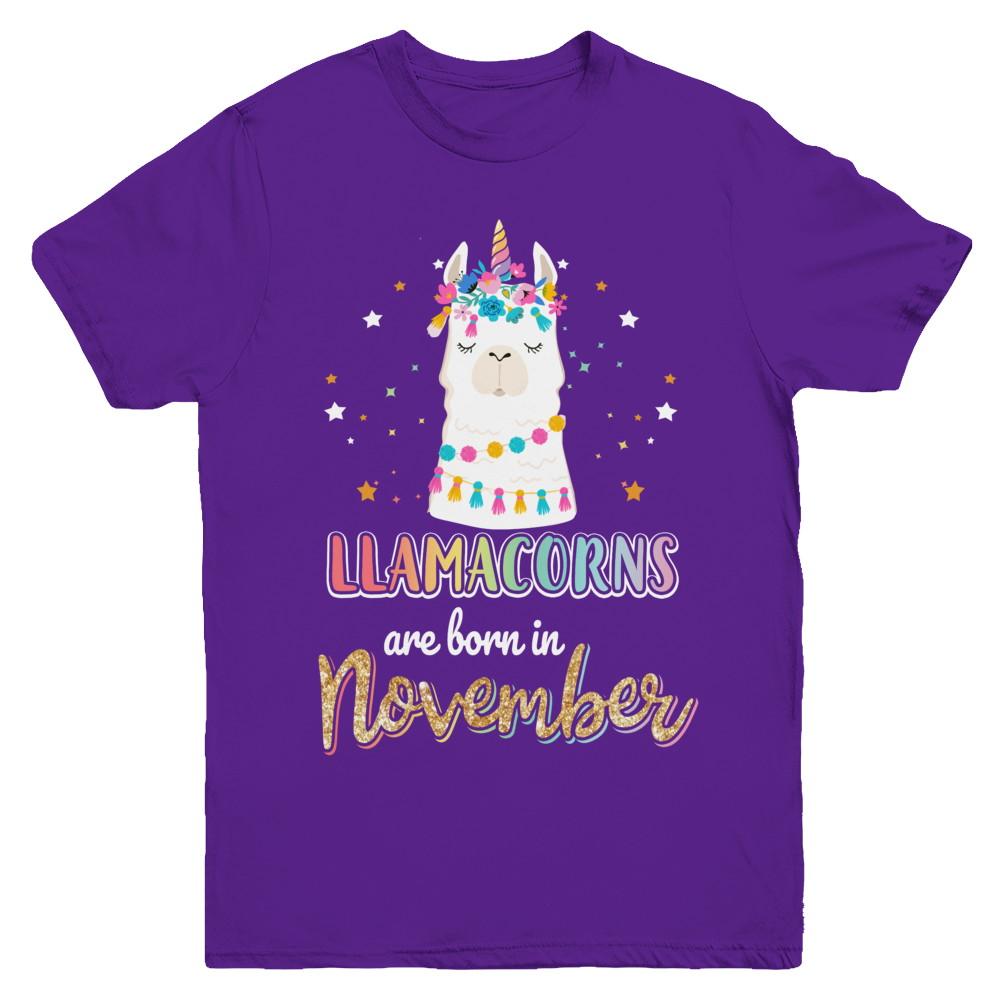 Llama Unicorn Llamacorns Born In November Birthday Gift Youth-Youth Shirt-Youth T-Shirt-Purple