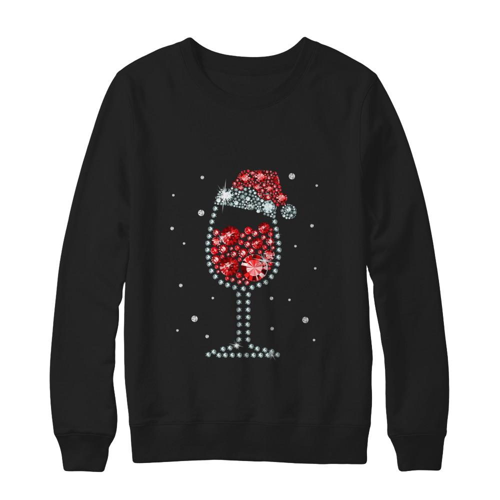 Diamond Wine Glasses Santa Hat Christmas-T-Shirt & Sweatshirt-Crewneck Sweatshirt-Black
