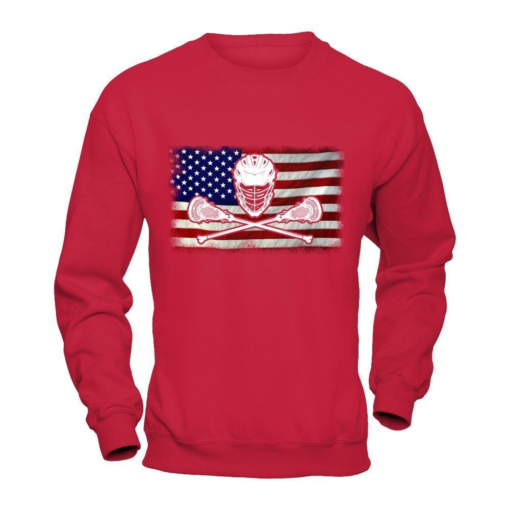 Lacrosse Helmet Crossed America Flag-T-Shirt & Hoodie-Crewneck Sweatshirt-Red
