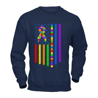 Autism Awarenes American Flag-T-Shirt & Hoodie-Crewneck Sweatshirt-Navy