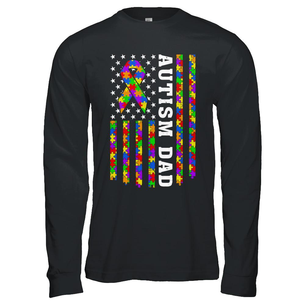 Proud Autism Dad Daddy Autistic Us Flag Fathers Day-T-Shirt & Hoodie-Long Sleeve T-Shirt-Black