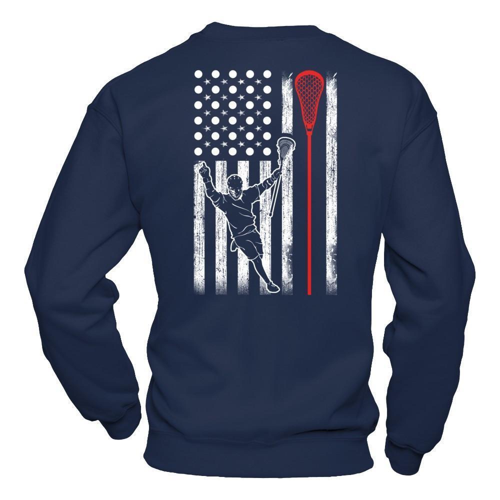 Lacrosse American Flag-T-Shirt & Hoodie-Crewneck Sweatshirt-Navy