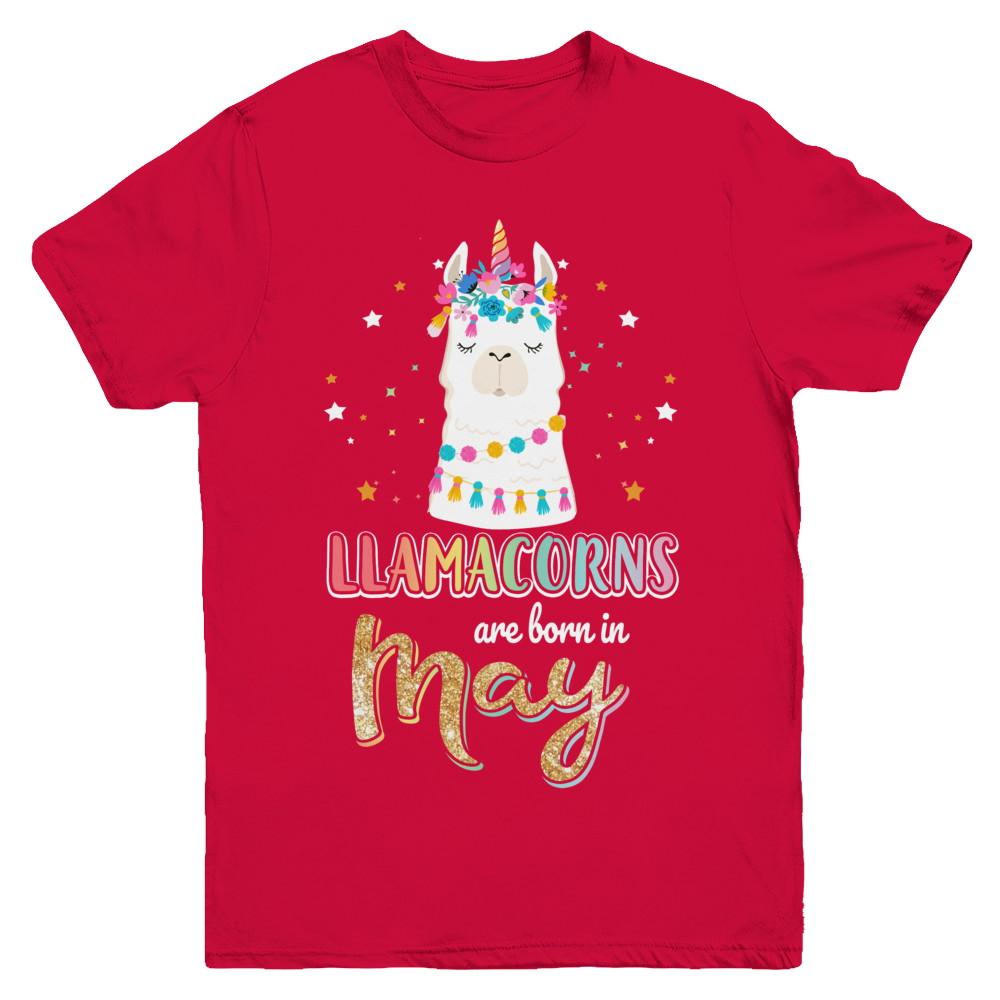 Llama Unicorn Llamacorns Born In May Birthday Gift Youth-Youth Shirt-Youth T-Shirt-Red