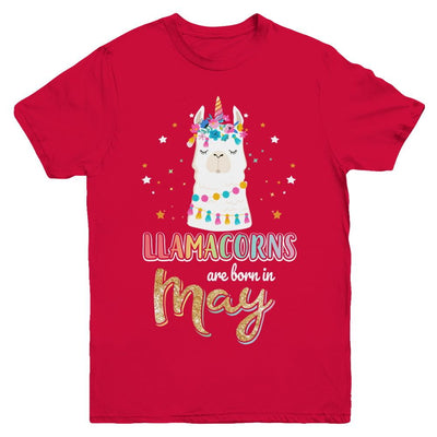 Llama Unicorn Llamacorns Born In May Birthday Gift Youth-Youth Shirt-Youth T-Shirt-Red