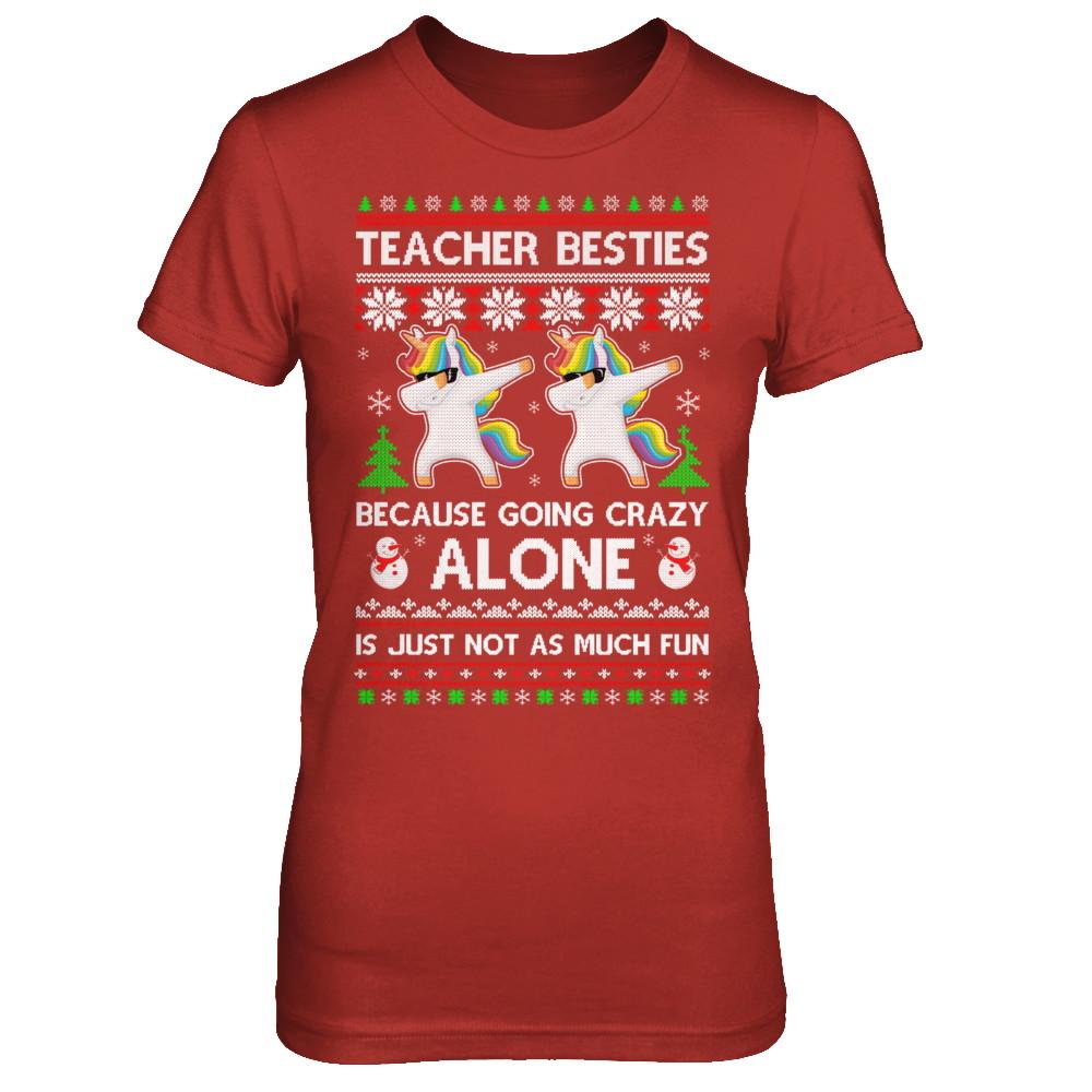 Unicorn Dabbing Teacher Besties Ugly Christmas Sweater-T-Shirt & Sweatshirt-Women's T-Shirt-Red