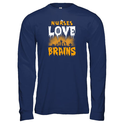 Nurses Love Brains Halloween-T-Shirt & Tank Top-Long Sleeve T-Shirt-Navy