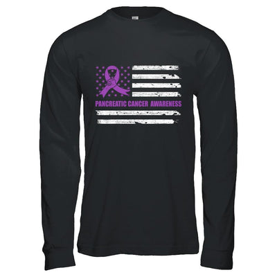 Purple Ribbon Pancreatic Cancer Awareness US Flag-T-Shirt & Hoodie-Long Sleeve T-Shirt-Black