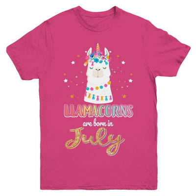 Llama Unicorn Llamacorns Born In July Birthday Gift Youth-Youth Shirt-Youth T-Shirt-Heliconia
