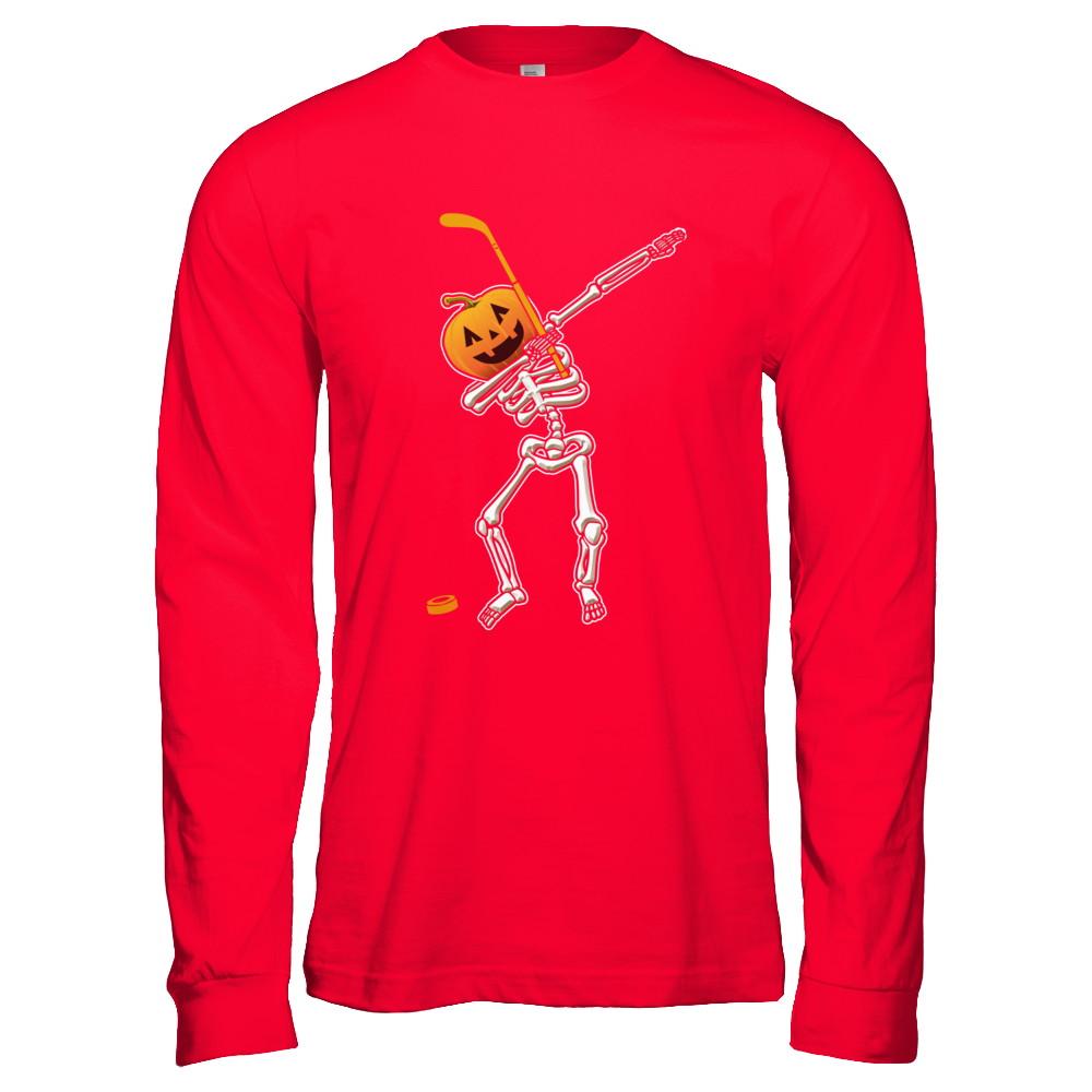 Halloween Dabbing Skeleton Hockey-T-Shirt & Hoodie-Long Sleeve T-Shirt-Red