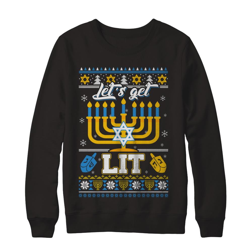 Funny Happy Hanukkah Chanukah Let's Get Lit Ugly Sweater-T-Shirt & Sweatshirt-Crewneck Sweatshirt-Black