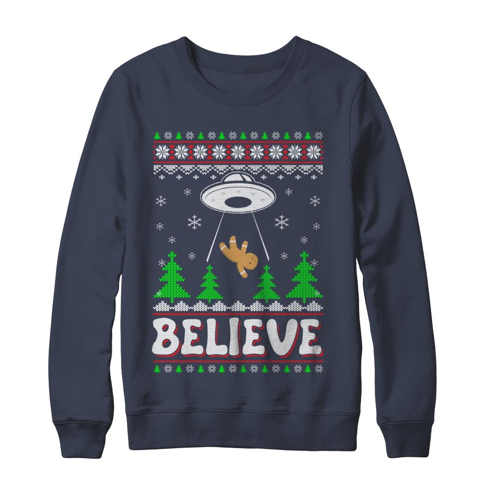 Believe UFO Gingerbread Ugly Christmas Sweater-T-Shirt & Sweatshirt-Crewneck Sweatshirt-Navy
