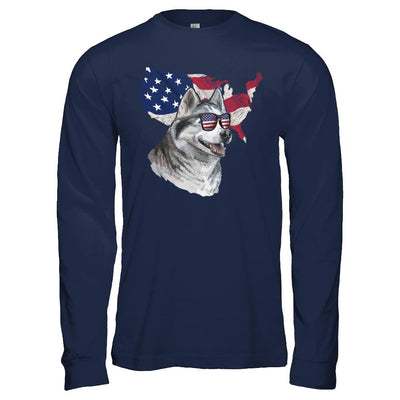 Funny Patriot Husky Dog 4Th Of July American Flag-T-Shirt & Hoodie-Long Sleeve T-Shirt-Navy