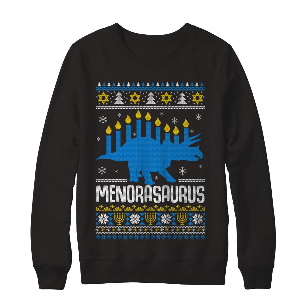 Funny Ugly Hanukkah Dinosaur Menorasaurus Sweater-T-Shirt & Sweatshirt-Crewneck Sweatshirt-Black