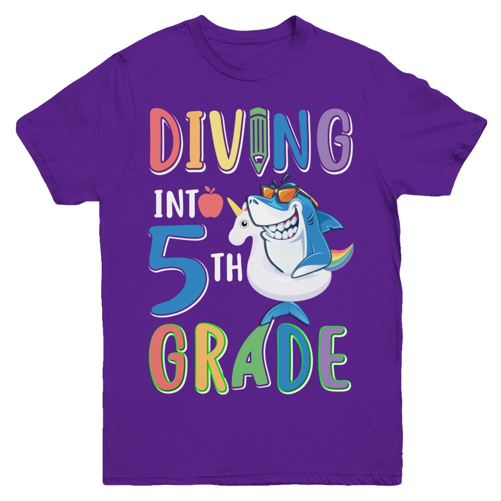 Diving Into 5th Grade Back To School Shark Youth-Youth Shirt-Youth T-Shirt-Purple