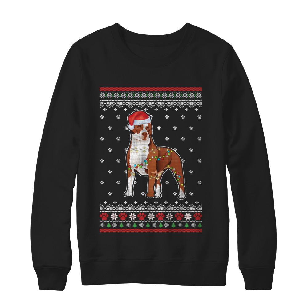 Pitbull Christmas Ugly Sweater Lights Dog Xmas Gift-T-Shirt & Sweatshirt-Crewneck Sweatshirt-Black