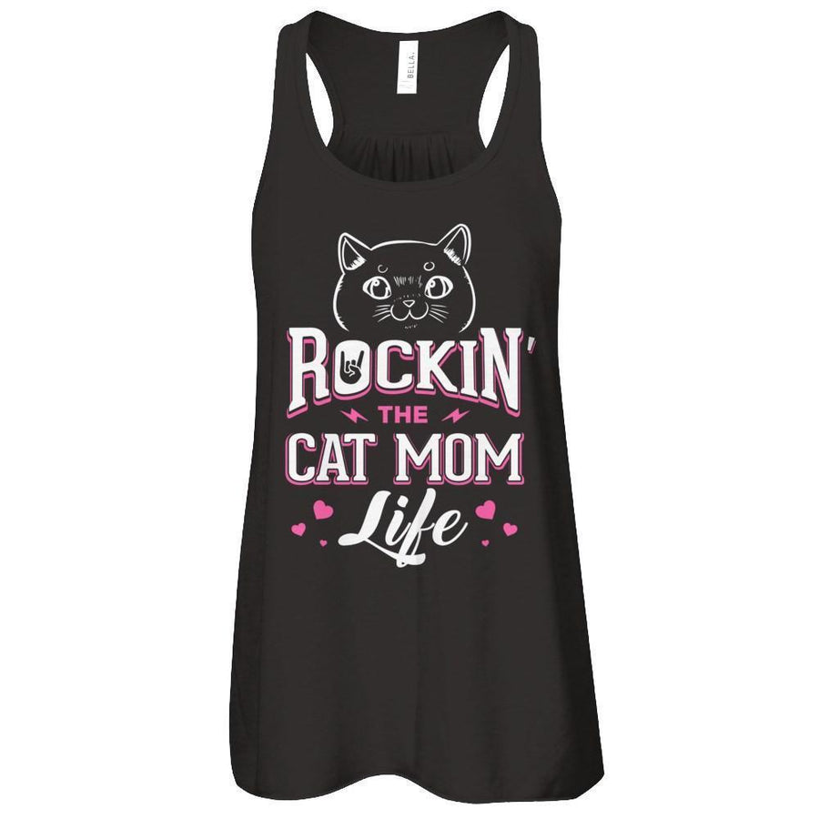Rocking The Cat Mom Life-T-Shirt & Tank Top-Women's Flowy Racerback Tank-Black