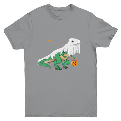Halloween T Rex Dinosaur Ghost Trick Or Treat Youth-Youth Shirt-Youth T-Shirt-Sport Grey