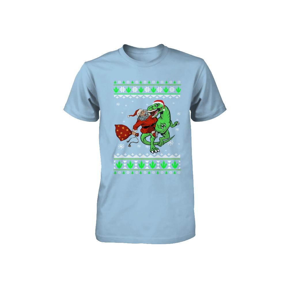 Santa Riding Dinosaur T-Rex Ugly Christmas Sweater Youth-Youth Shirt-Toddler T-Shirt-Light Blue