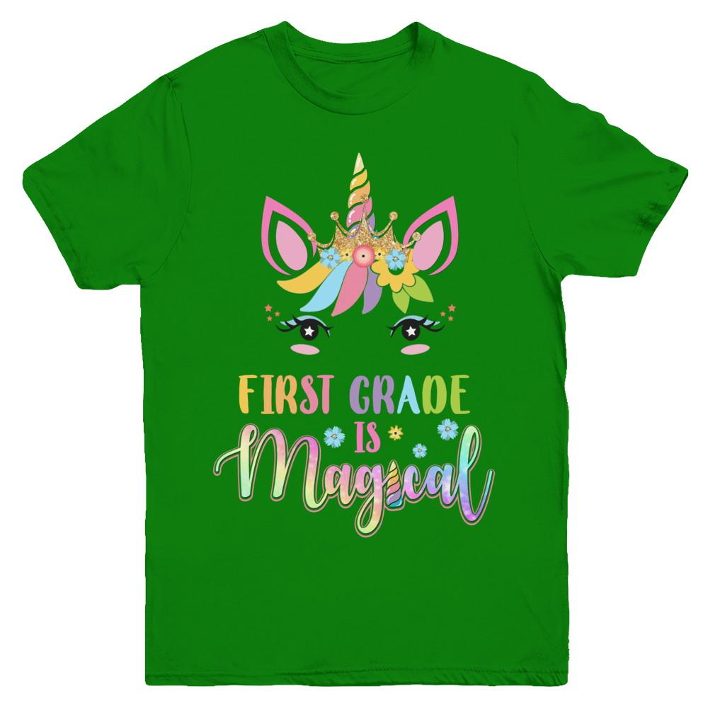 First Grade Is Magical Unicorn Back To School 1st Grade Youth-Youth Shirt-Youth T-Shirt-Irish Green