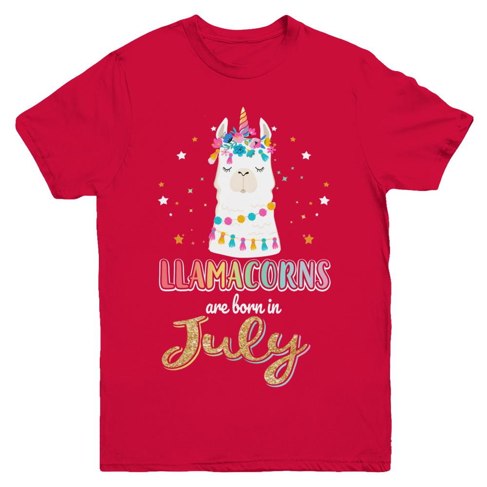 Llama Unicorn Llamacorns Born In July Birthday Gift Youth-Youth Shirt-Youth T-Shirt-Red