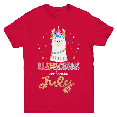 Llama Unicorn Llamacorns Born In July Birthday Gift Youth-Youth Shirt-Youth T-Shirt-Red