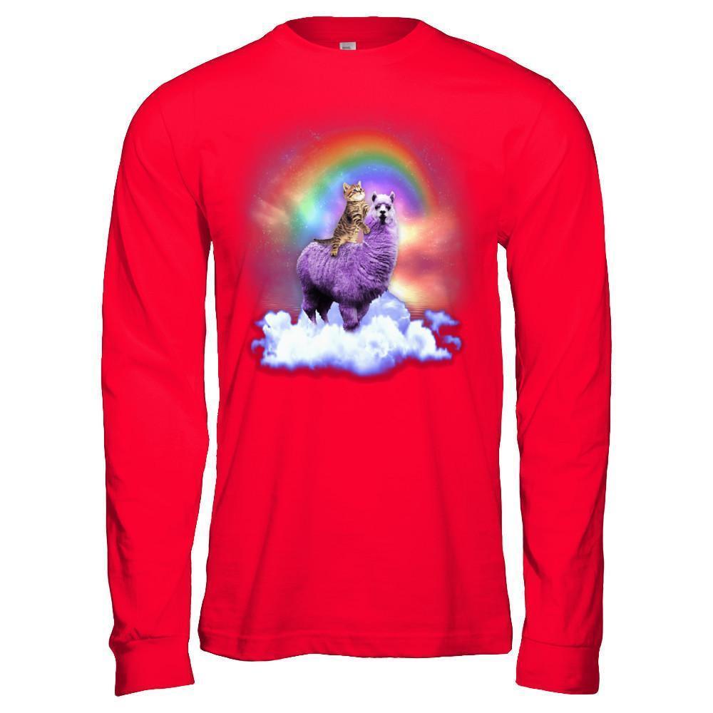 Rainbow Llama Cat-T-Shirt & Hoodie-Long Sleeve T-Shirt-Red