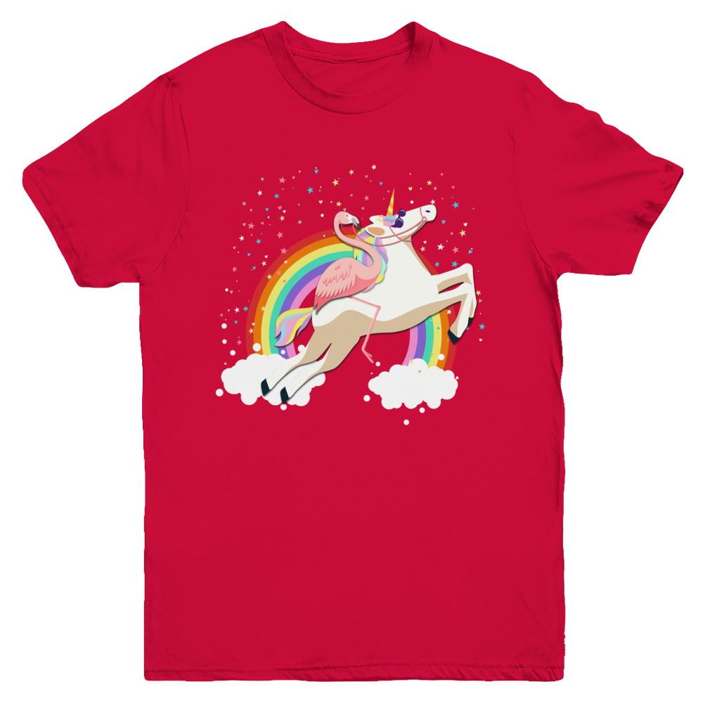 Flamingo Pink Bird Riding Unicorn Youth-Youth Shirt-Youth T-Shirt-Red