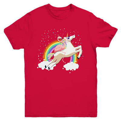 Flamingo Pink Bird Riding Unicorn Youth-Youth Shirt-Youth T-Shirt-Red