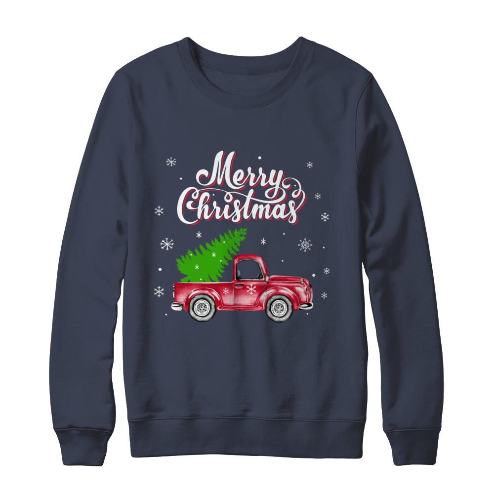 Snow Tree Truck Merry Christmas-T-Shirt & Sweatshirt-Crewneck Sweatshirt-Navy