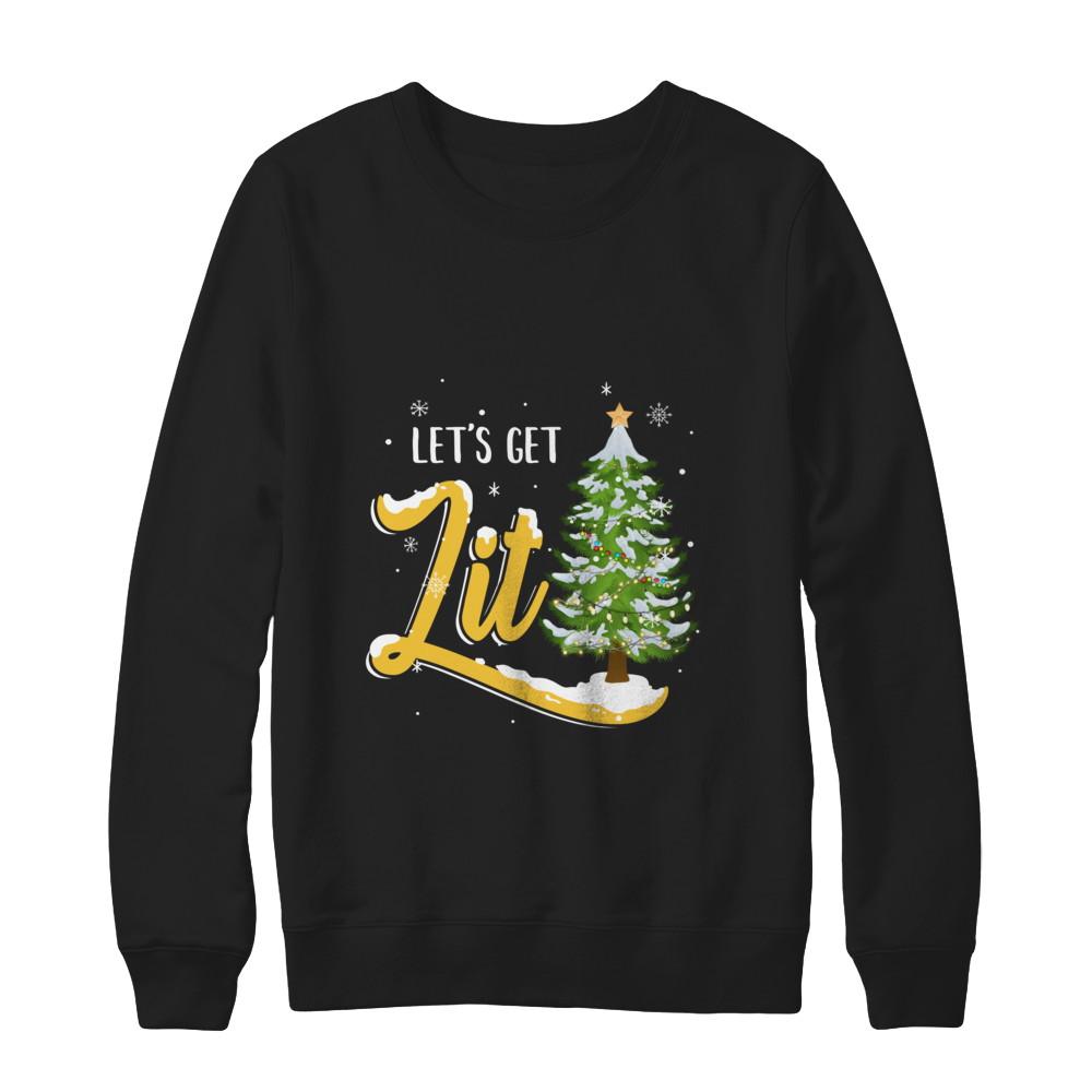 Let's Get Lit Funny Christmas Tree Drinking Beer-T-Shirt & Sweatshirt-Crewneck Sweatshirt-Black
