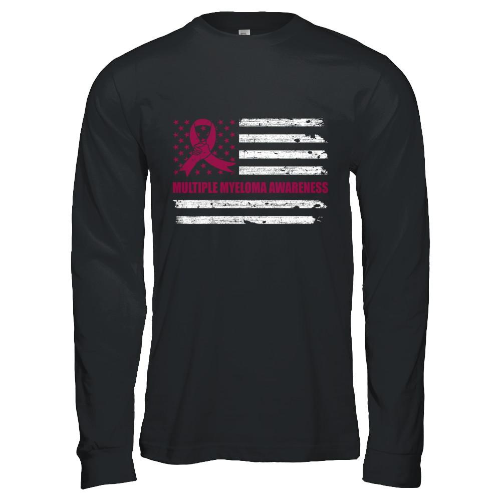 Burgundy Ribbon Multiple Myeloma Awareness US Flag-T-Shirt & Hoodie-Long Sleeve T-Shirt-Black