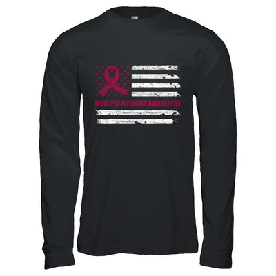 Burgundy Ribbon Multiple Myeloma Awareness US Flag-T-Shirt & Hoodie-Long Sleeve T-Shirt-Black