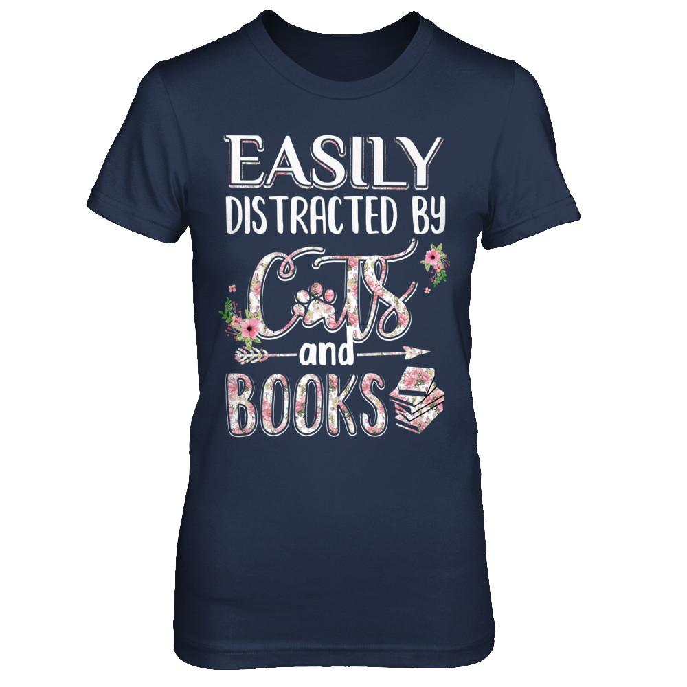 Easily Distracted By Cats And Books-T-Shirt & Hoodie-Women's T-Shirt-Navy