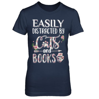 Easily Distracted By Cats And Books-T-Shirt & Hoodie-Women's T-Shirt-Navy